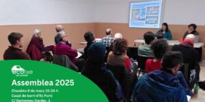 Foto de l'Assemblea 2024 d'Ecotxe, la cooperativa de carsharing, cotxes elèctrics compartits o lloguer de cotxes per hores de Mallorca. S'hi veuen unes quantes persones assegudes, d'esquenes, mirant a dos ponents amb una presentació de diapositives sobre la paret.